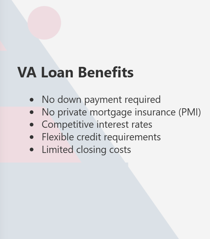 VA Loan BenefitsNo down payment requiredNo private mortgage insurance (PMI)Competitive interest ratesFlexible credit requirementsLimited closing costs